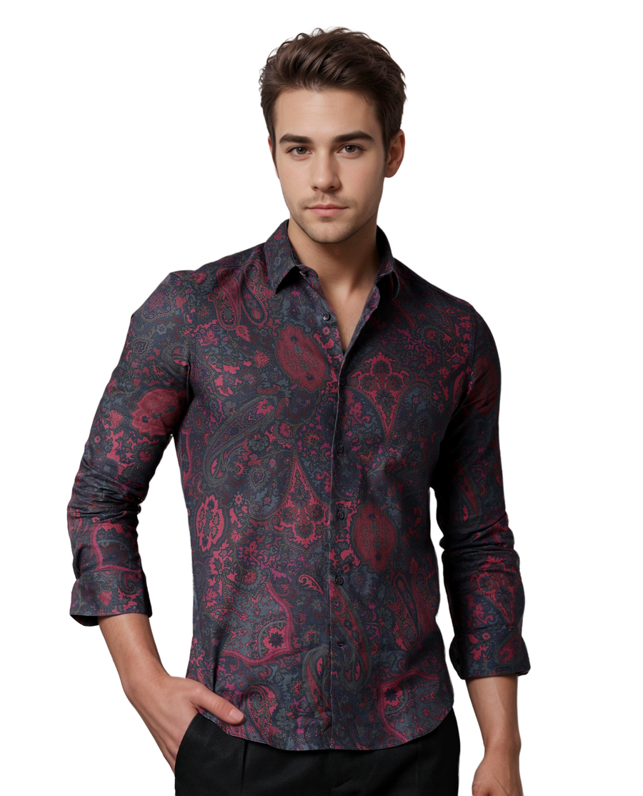 Rare Rabbit Men's Paizerr Pink Cotton Paisley Print Tailored Fit Full Sleeve Collared Shirt
