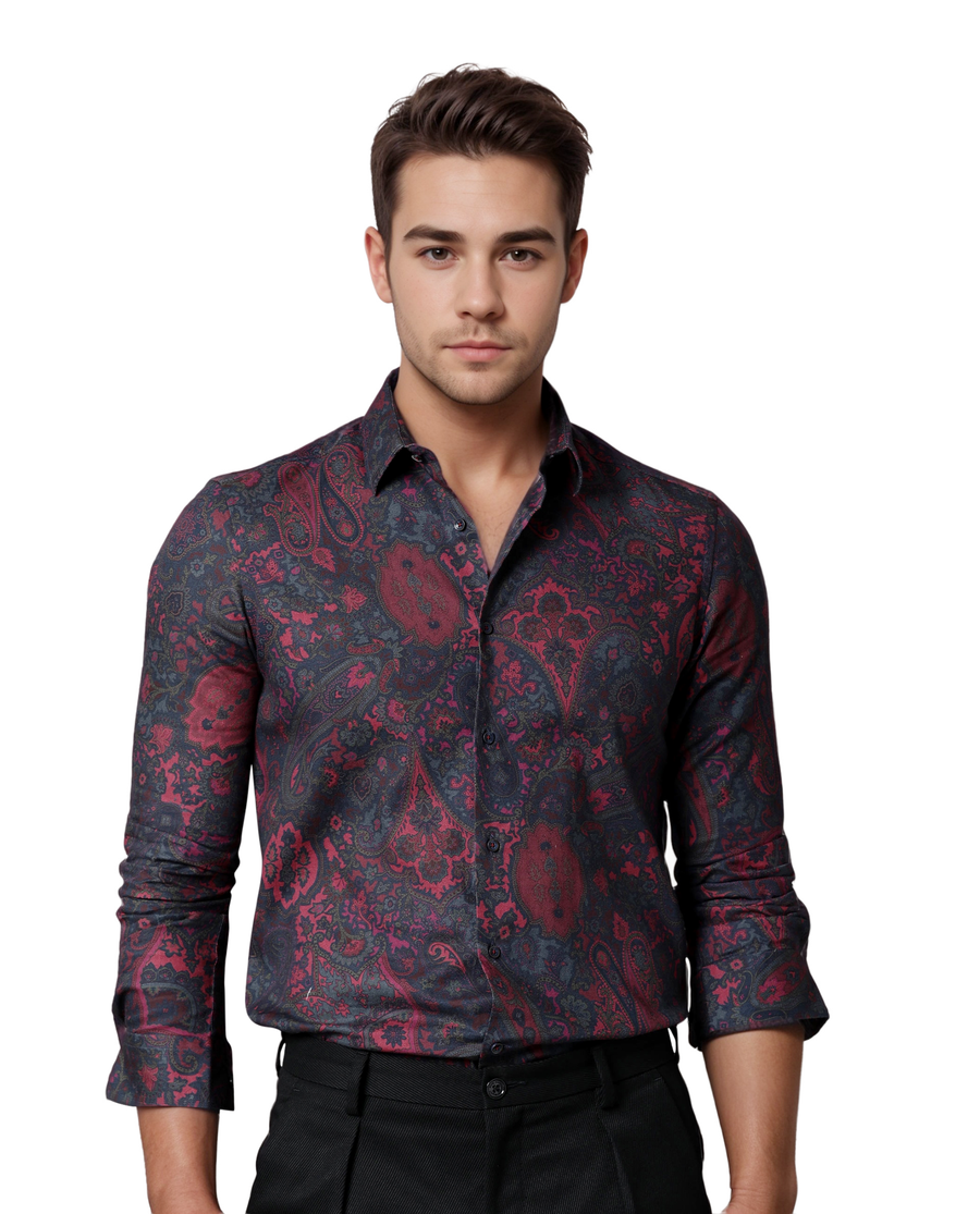 Rare Rabbit Men's Paizerr Pink Cotton Paisley Print Tailored Fit Full Sleeve Collared Shirt