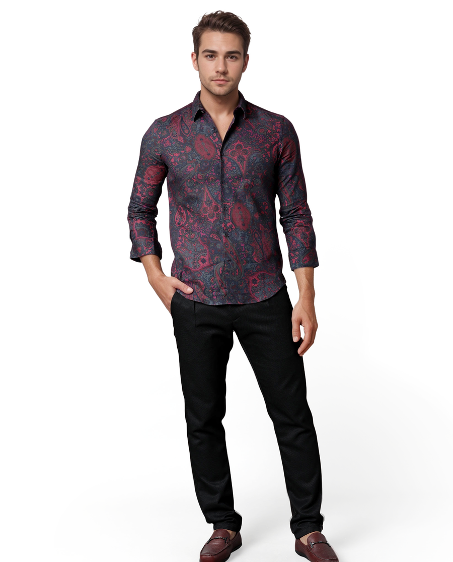 Rare Rabbit Men's Paizerr Pink Cotton Paisley Print Tailored Fit Full Sleeve Collared Shirt
