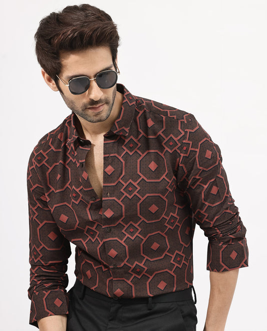 Rare Rabbit Men's Palmer Brown Cotton Geometric Print Regular Fit Full Sleeve Collared Shirt