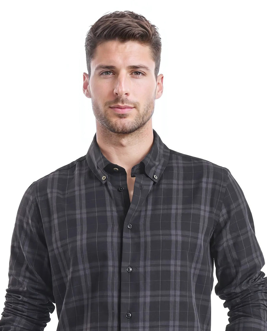 Rare Rabbit Men's Pambi Dark Black Checked Print Regular Fit Full Sleeve Button-Down Collar Shirt