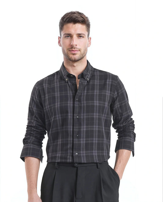 Rare Rabbit Men's Pambi Dark Black Checked Print Regular Fit Full Sleeve Button-Down Collar Shirt