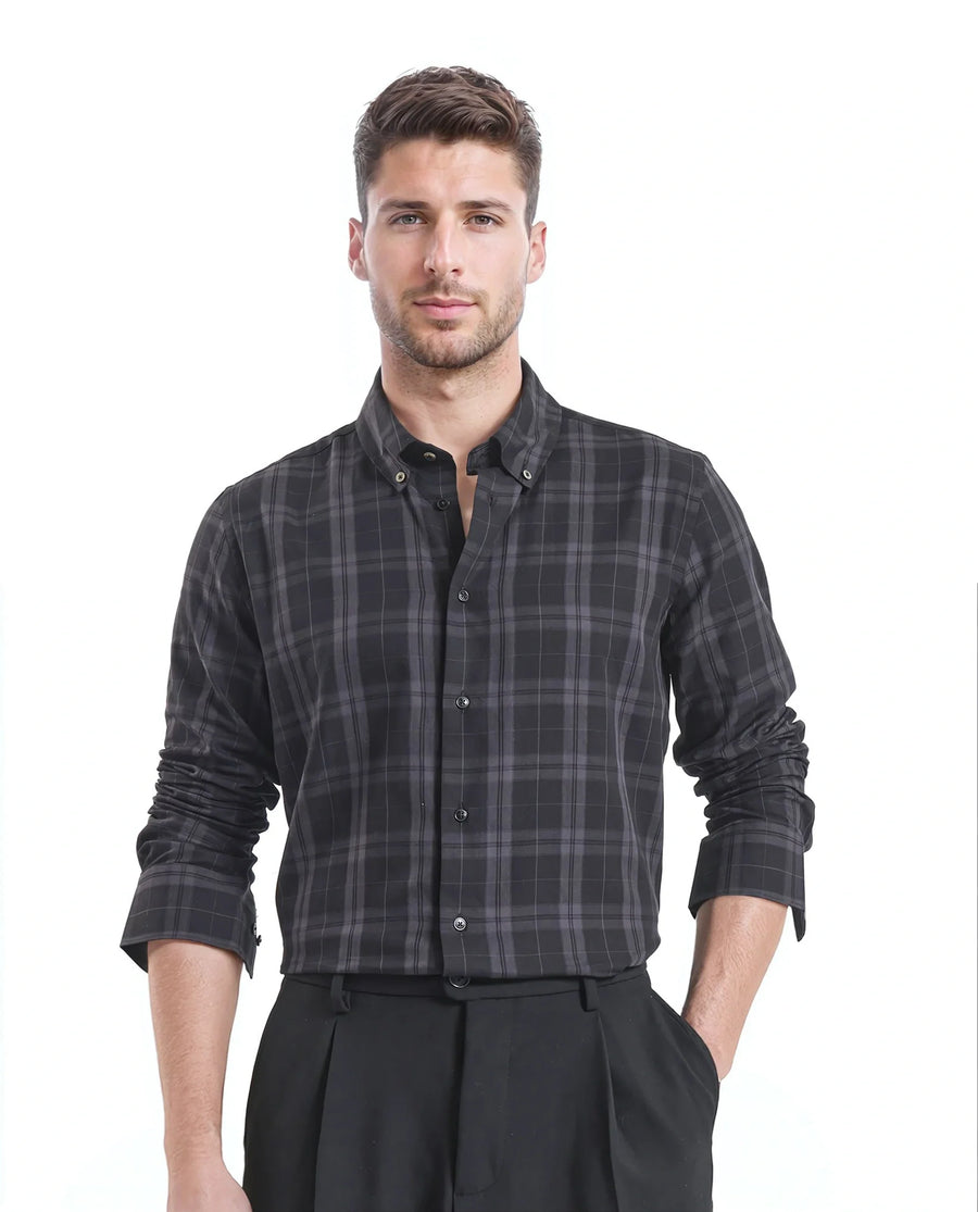 Rare Rabbit Men's Pambi Dark Black Checked Print Regular Fit Full Sleeve Button-Down Collar Shirt
