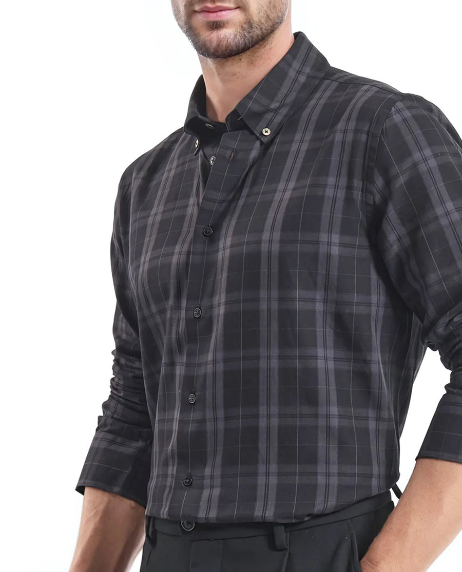 Rare Rabbit Men's Pambi Dark Black Checked Print Regular Fit Full Sleeve Button-Down Collar Shirt