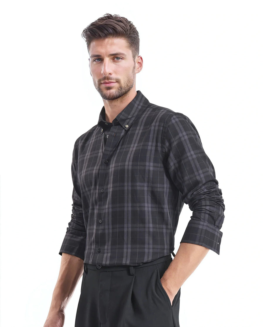 Rare Rabbit Men's Pambi Dark Black Checked Print Regular Fit Full Sleeve Button-Down Collar Shirt