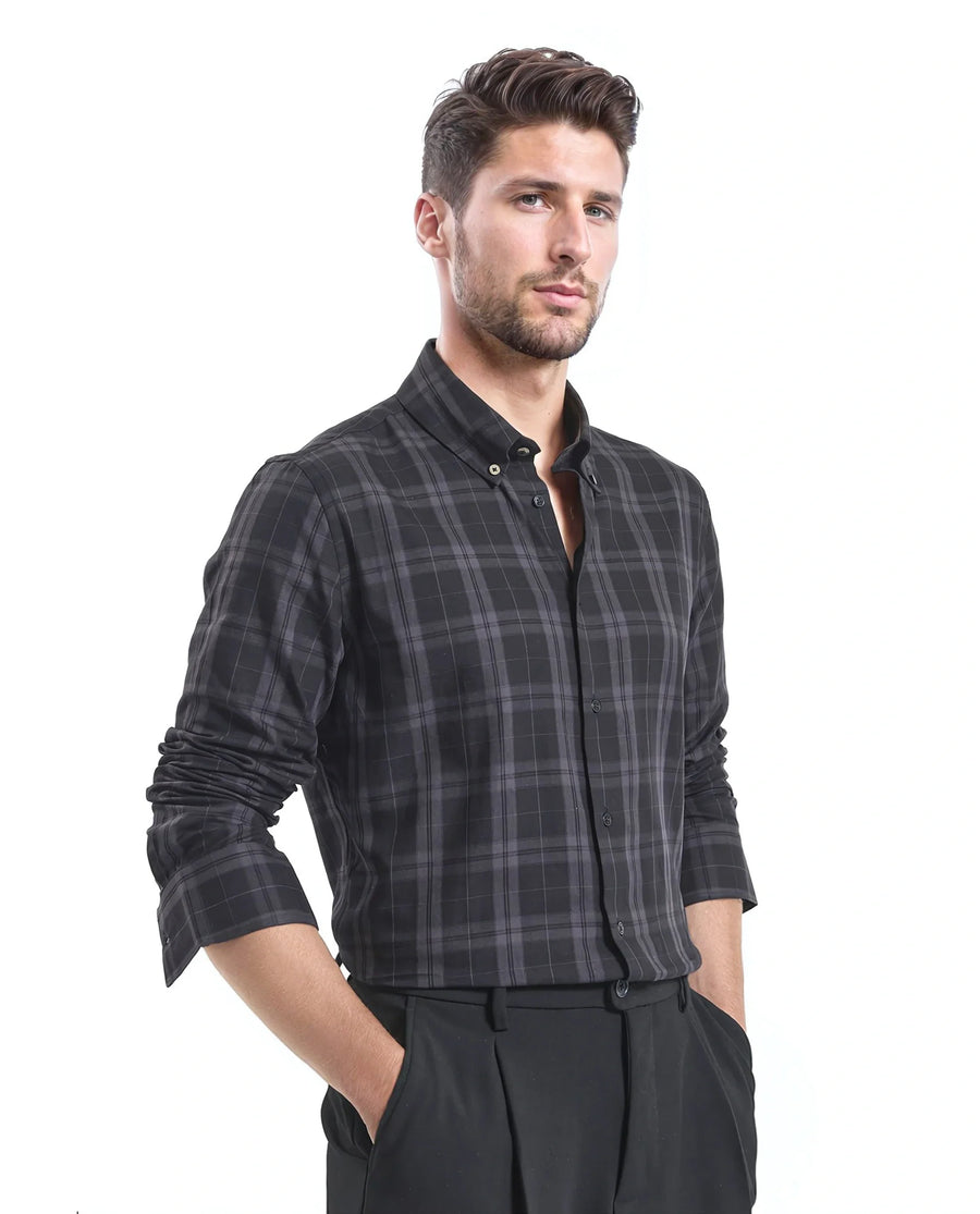 Rare Rabbit Men's Pambi Dark Black Checked Print Regular Fit Full Sleeve Button-Down Collar Shirt