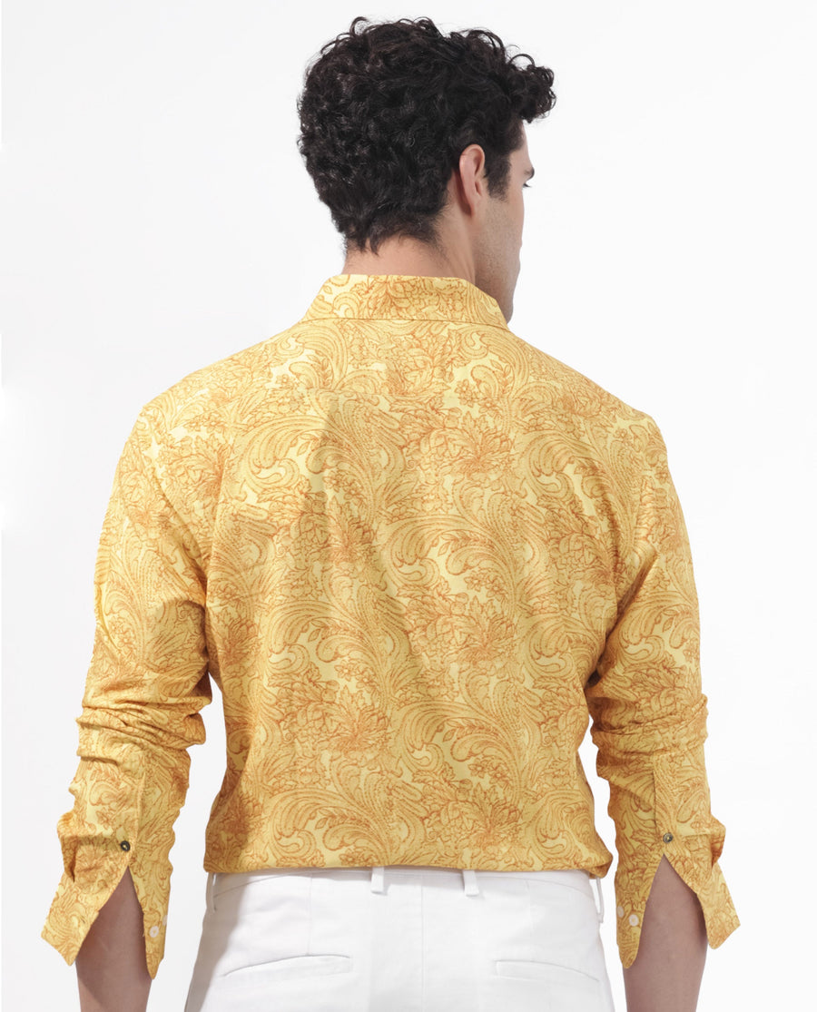 Rare Rabbit Men's Pamat Yellow Viscose Paisley Print Regular Fit Full Sleeve Collared Shirt
