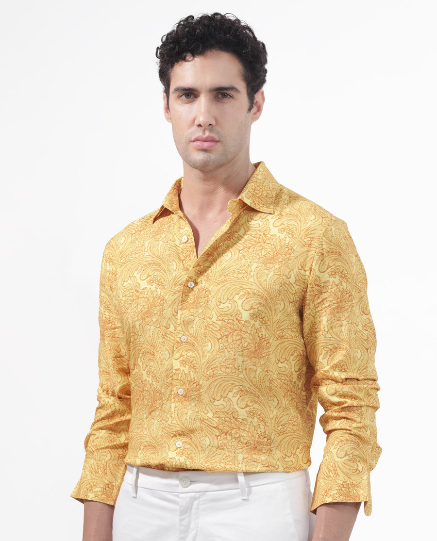 Rare Rabbit Men's Pamat Yellow Viscose Paisley Print Regular Fit Full Sleeve Collared Shirt