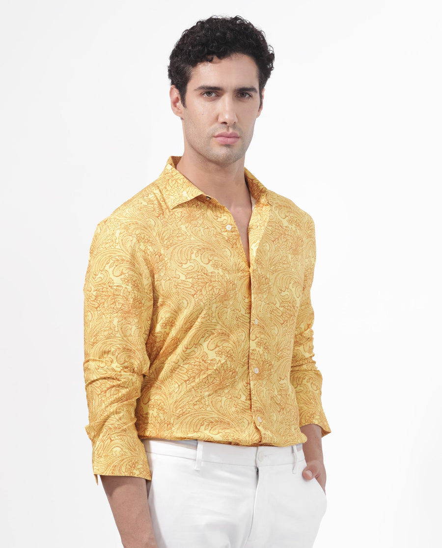 Rare Rabbit Men's Pamat Yellow Viscose Paisley Print Regular Fit Full Sleeve Collared Shirt