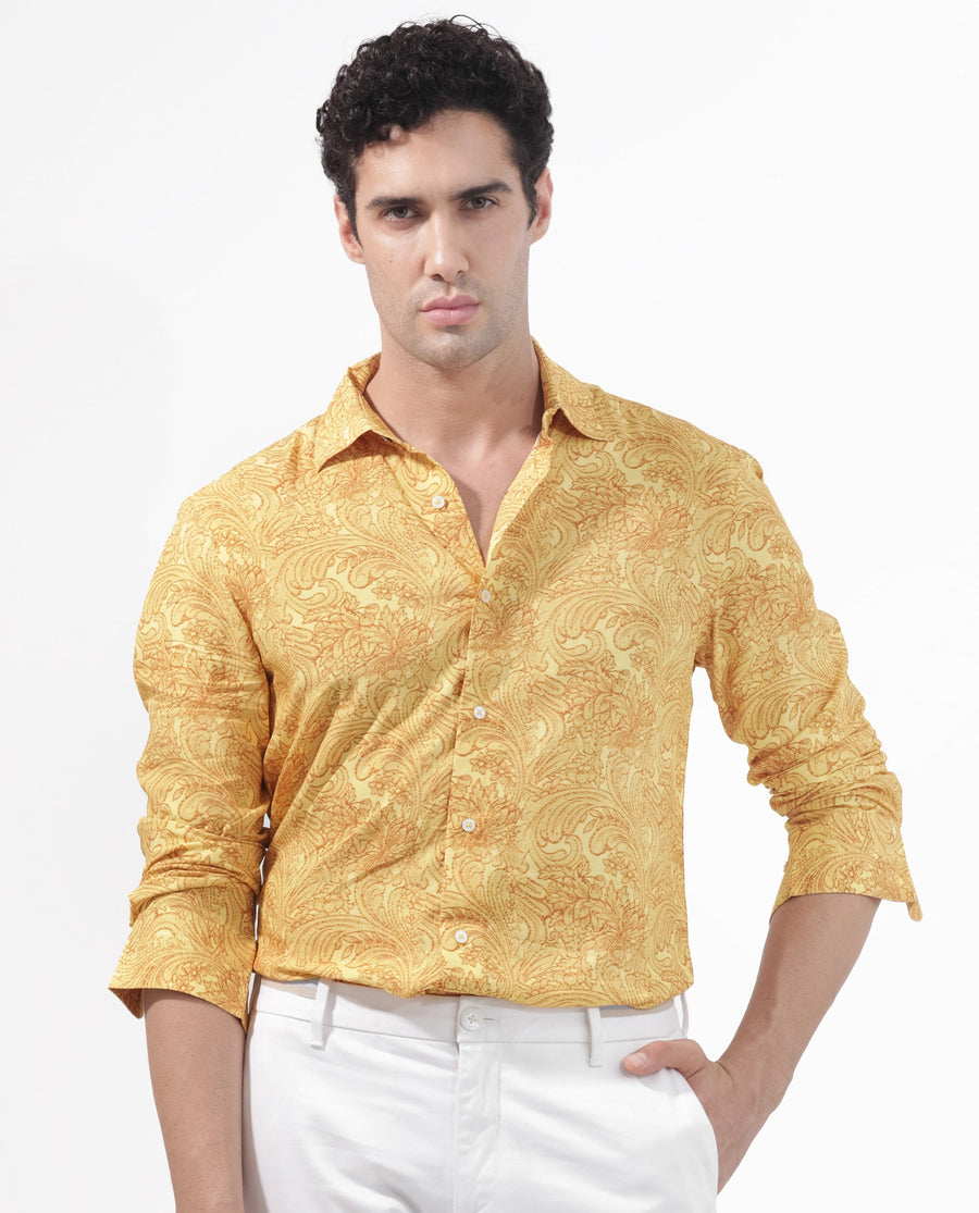 Rare Rabbit Men's Pamat Yellow Viscose Paisley Print Regular Fit Full Sleeve Collared Shirt