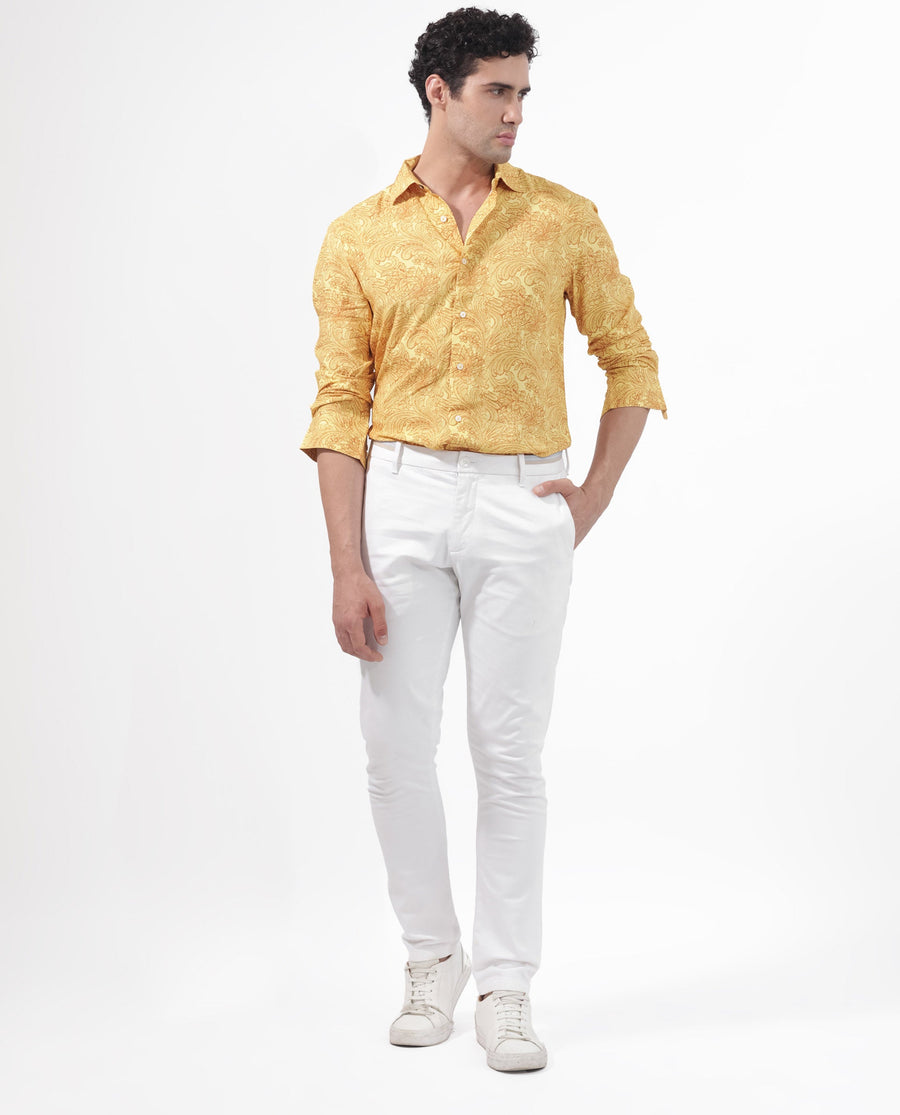 Rare Rabbit Men's Pamat Yellow Viscose Paisley Print Regular Fit Full Sleeve Collared Shirt