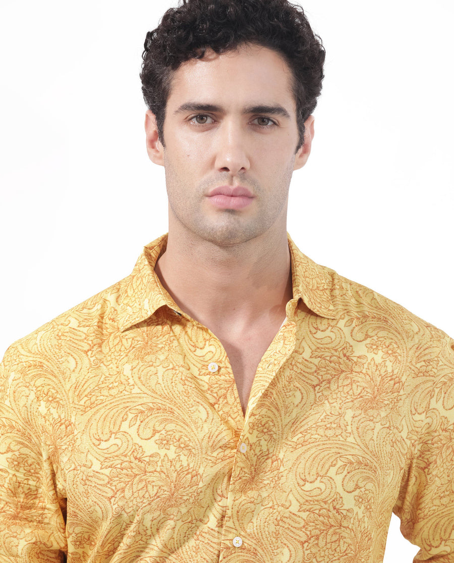 Rare Rabbit Men's Pamat Yellow Viscose Paisley Print Regular Fit Full Sleeve Collared Shirt