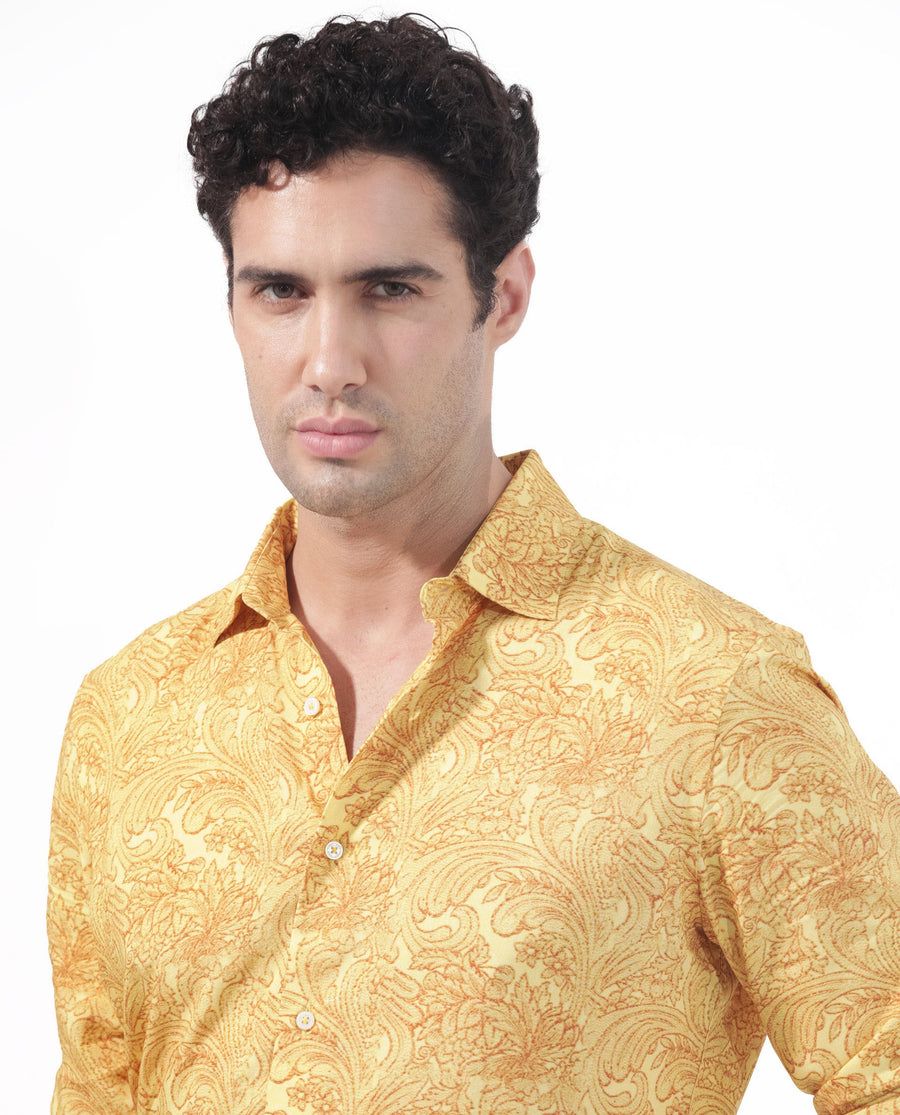 Rare Rabbit Men's Pamat Yellow Viscose Paisley Print Regular Fit Full Sleeve Collared Shirt
