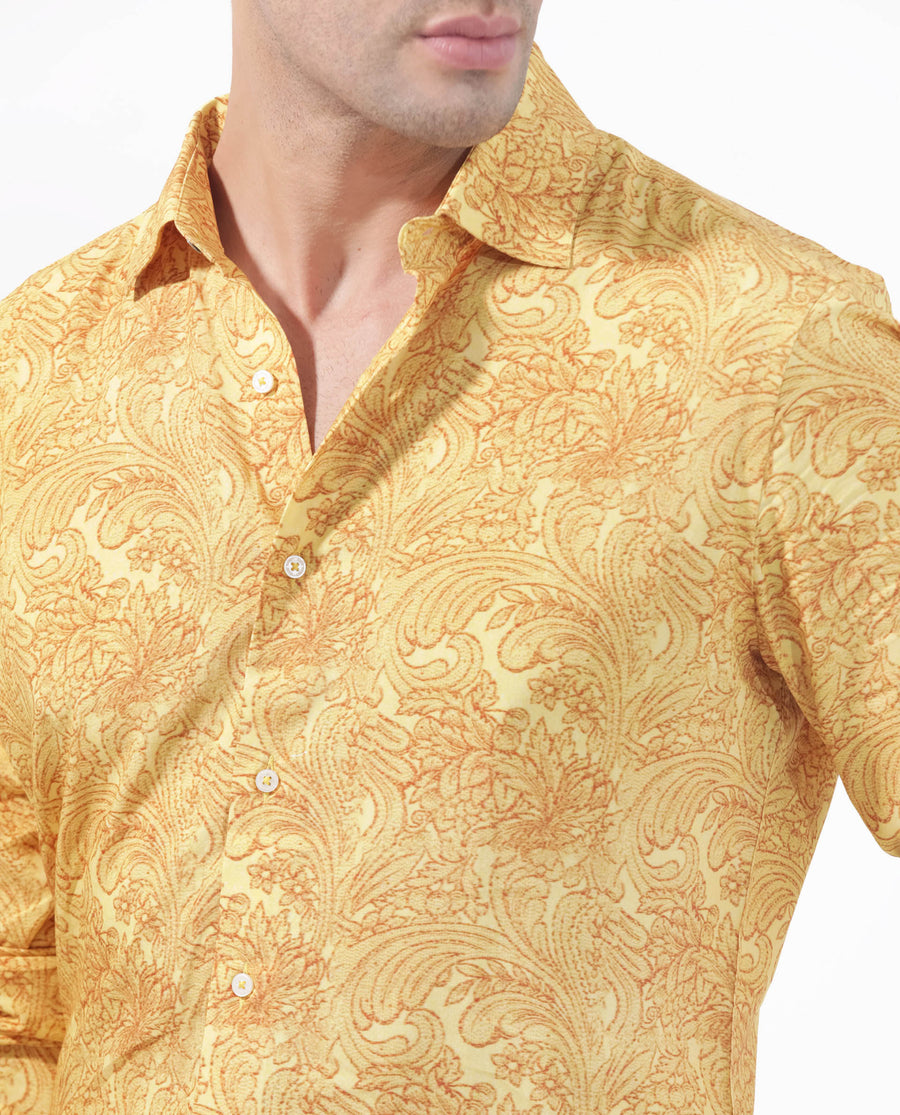 Rare Rabbit Men's Pamat Yellow Viscose Paisley Print Regular Fit Full Sleeve Collared Shirt