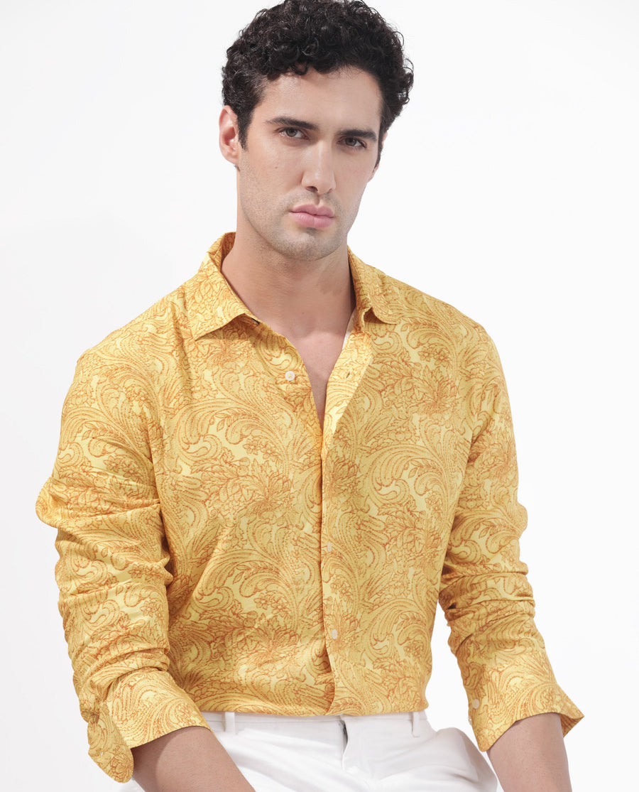 Rare Rabbit Men's Pamat Yellow Viscose Paisley Print Regular Fit Full Sleeve Collared Shirt
