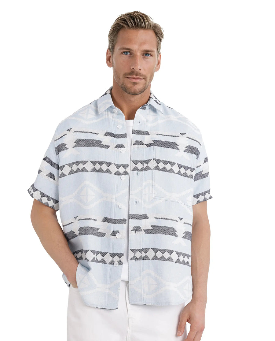 Rare Rabbit Men's Pamp Light Blue Cotton Jacquard Boxy Fit Half Sleeve Collared Shirt