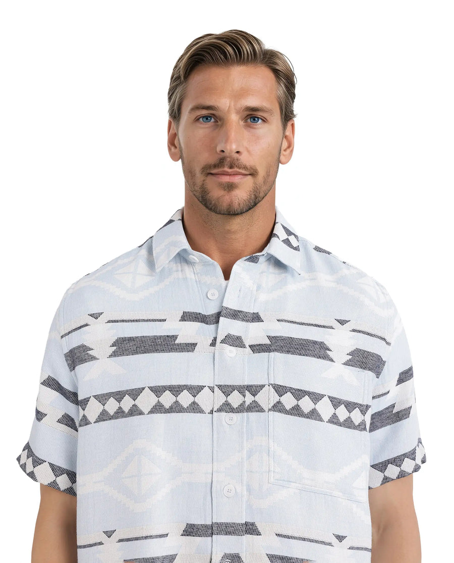 Rare Rabbit Men's Pamp Light Blue Cotton Jacquard Boxy Fit Half Sleeve Collared Shirt