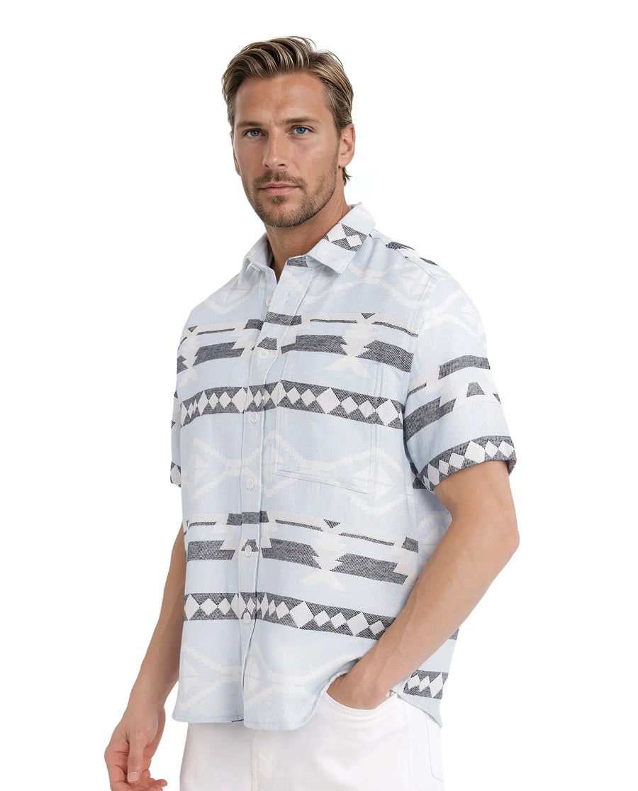 Rare Rabbit Men's Pamp Light Blue Cotton Jacquard Boxy Fit Half Sleeve Collared Shirt