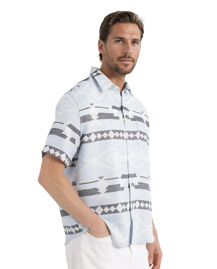 Rare Rabbit Men's Pamp Light Blue Cotton Jacquard Boxy Fit Half Sleeve Collared Shirt