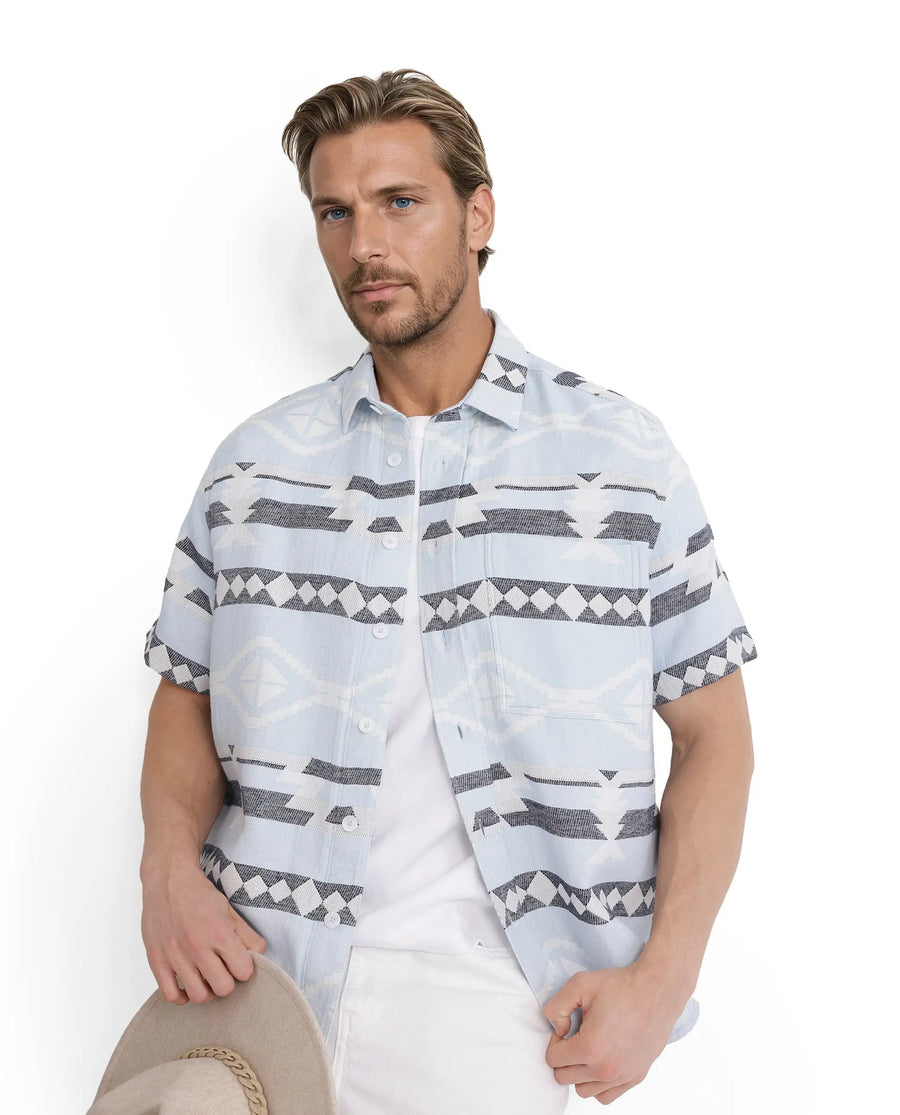 Rare Rabbit Men's Pamp Light Blue Cotton Jacquard Boxy Fit Half Sleeve Collared Shirt