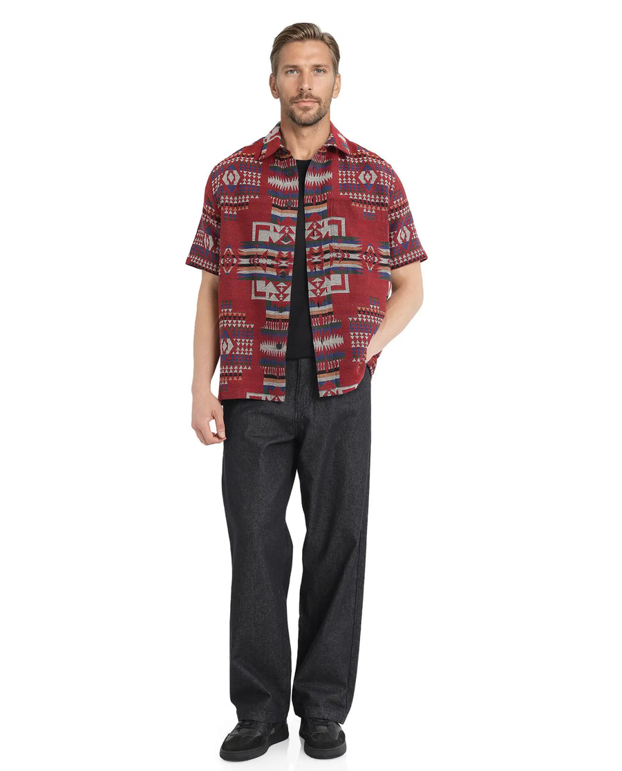 Rare Rabbit Men's Pamp Maroon Cotton Jacquard Boxy Fit Half Sleeve Collared Shirt