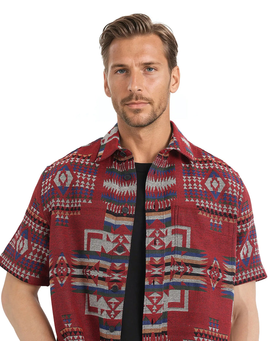 Rare Rabbit Men's Pamp Maroon Cotton Jacquard Boxy Fit Half Sleeve Collared Shirt