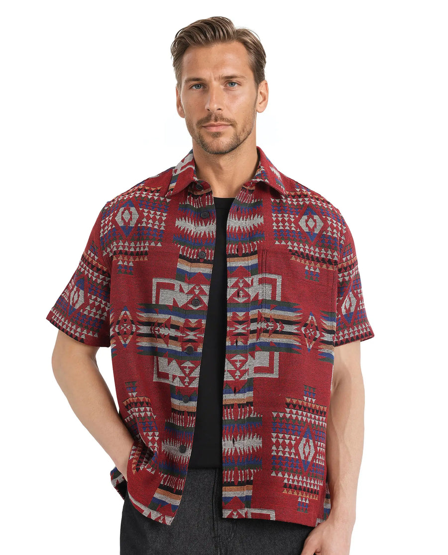 Rare Rabbit Men's Pamp Maroon Cotton Jacquard Boxy Fit Half Sleeve Collared Shirt