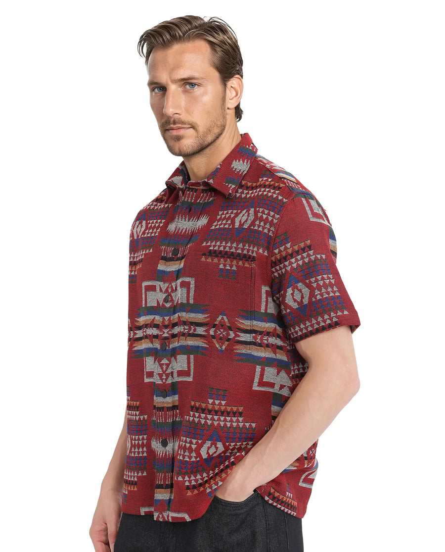Rare Rabbit Men's Pamp Maroon Cotton Jacquard Boxy Fit Half Sleeve Collared Shirt