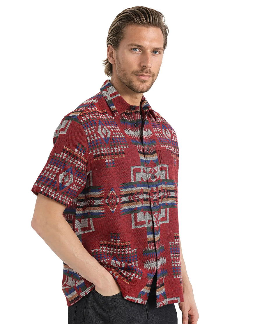 Rare Rabbit Men's Pamp Maroon Cotton Jacquard Boxy Fit Half Sleeve Collared Shirt