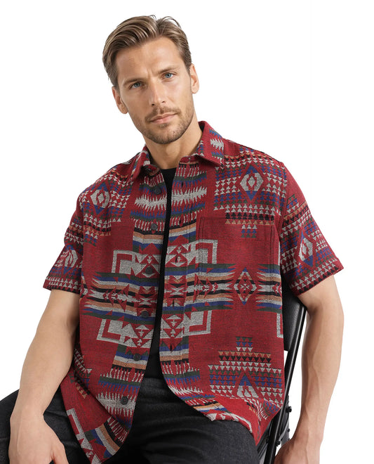 Rare Rabbit Men's Pamp Maroon Cotton Jacquard Boxy Fit Half Sleeve Collared Shirt