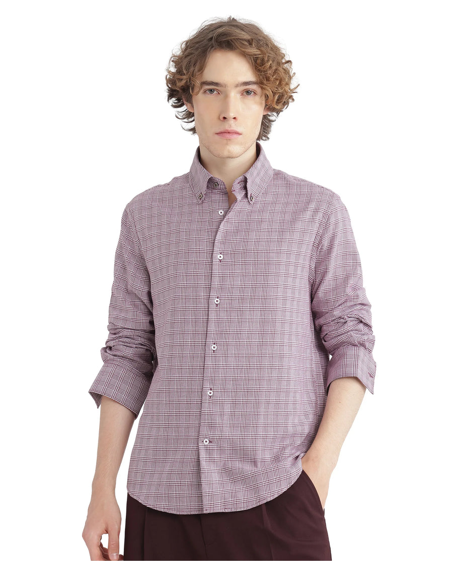 Rare Rabbit Men's Pankal Maroon Checked Print Oversized Fit Full Sleeve Collared Shirt
