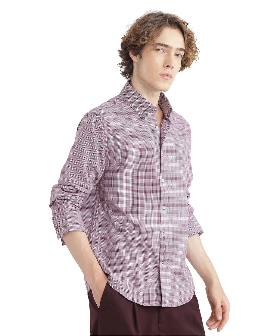 Rare Rabbit Men's Pankal Maroon Checked Print Oversized Fit Full Sleeve Collared Shirt