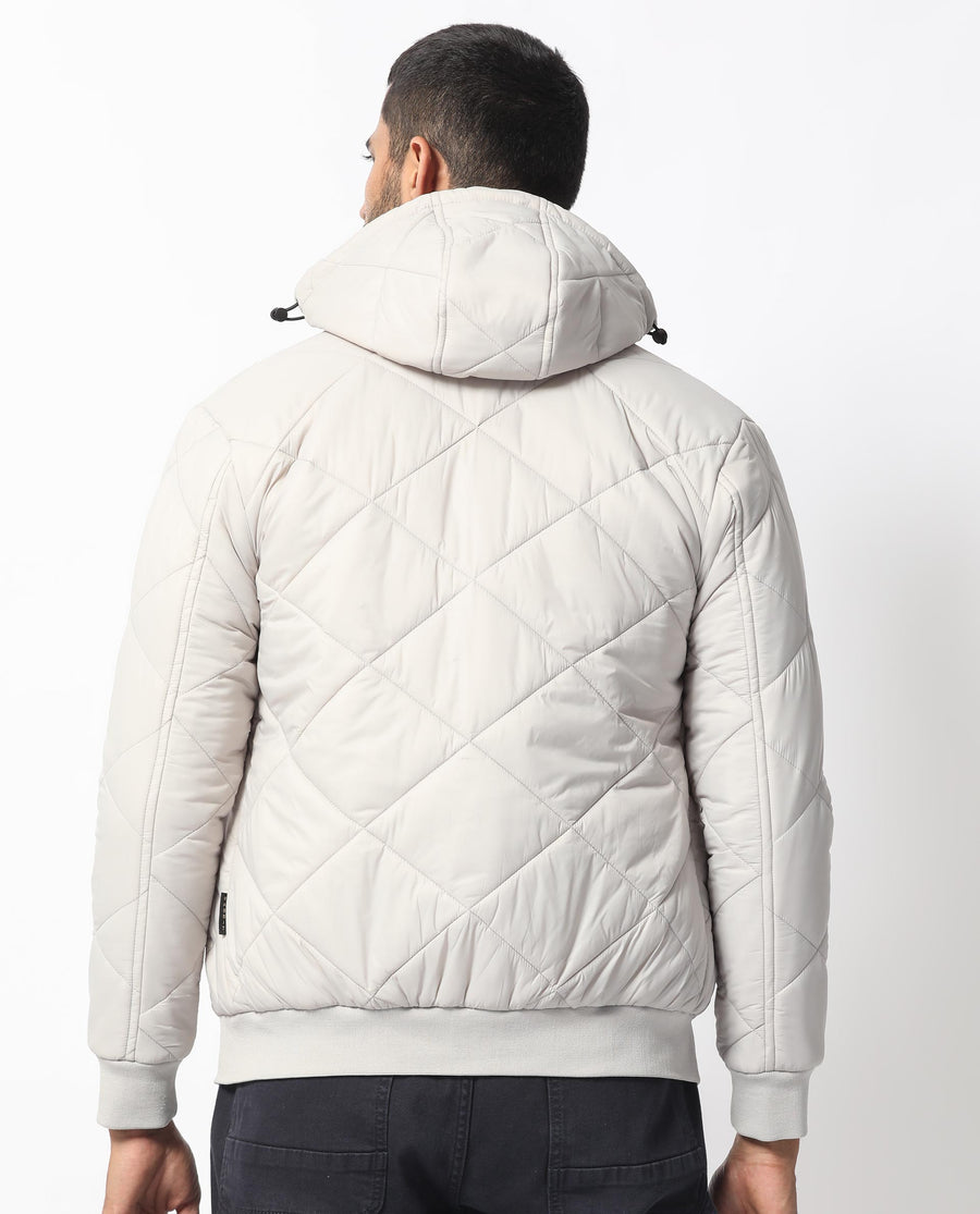 Rare Rabbit Men's Parco Light Grey Nylon Plain Regular Fit Full Sleeve Hooded Jacket