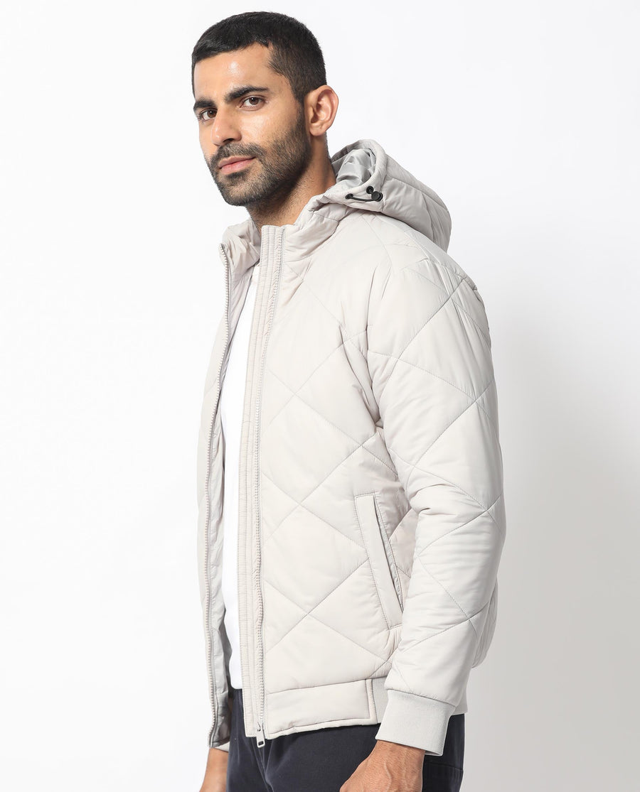 Rare Rabbit Men's Parco Light Grey Nylon Plain Regular Fit Full Sleeve Hooded Jacket