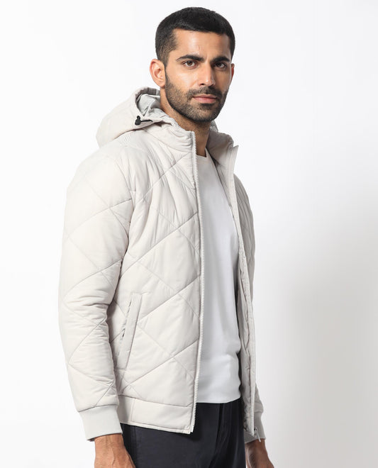 Rare Rabbit Men's Parco Light Grey Nylon Plain Regular Fit Full Sleeve Hooded Jacket