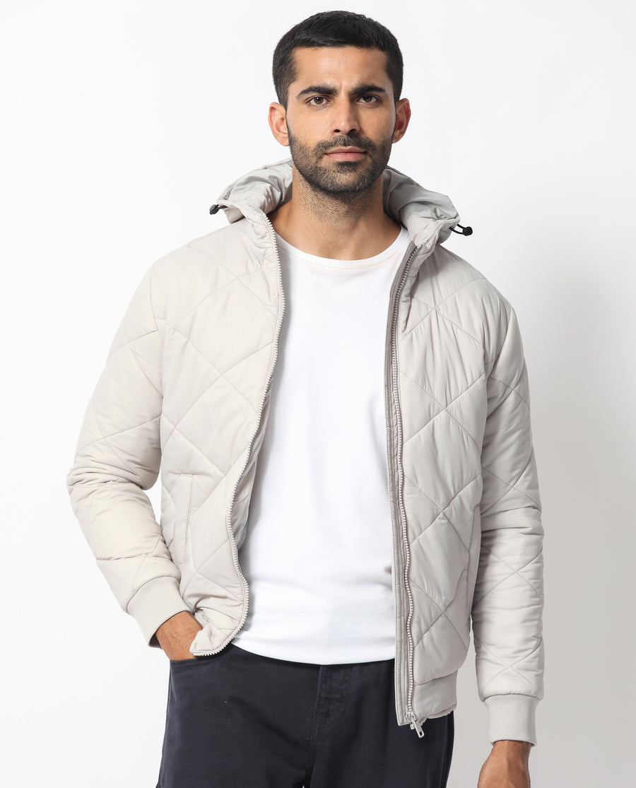 Rare Rabbit Men's Parco Light Grey Nylon Plain Regular Fit Full Sleeve Hooded Jacket