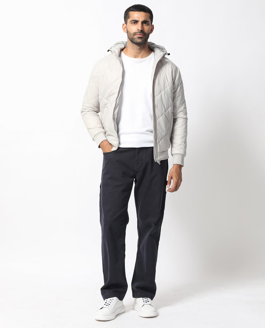 Rare Rabbit Men's Parco Light Grey Nylon Plain Regular Fit Full Sleeve Hooded Jacket
