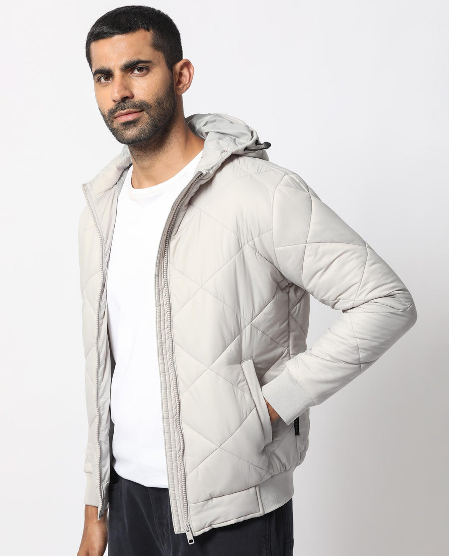 Rare Rabbit Men's Parco Light Grey Nylon Plain Regular Fit Full Sleeve Hooded Jacket