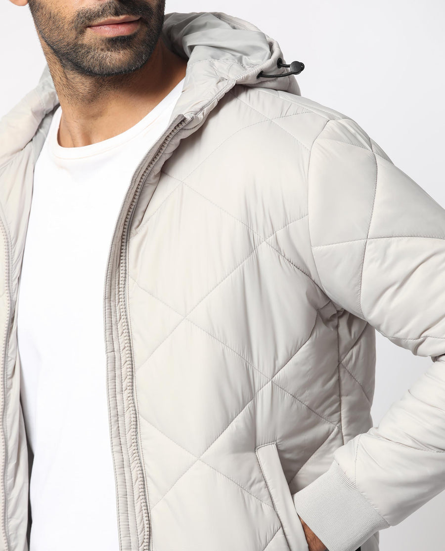 Rare Rabbit Men's Parco Light Grey Nylon Plain Regular Fit Full Sleeve Hooded Jacket