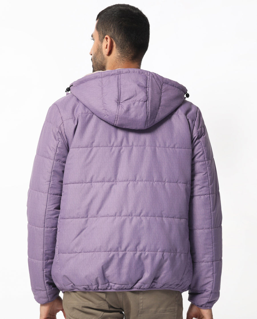 Rare Rabbit Men's Vasto Purple Polyester Monogram Print Regular Fit Full Sleeve Hooded Jacket