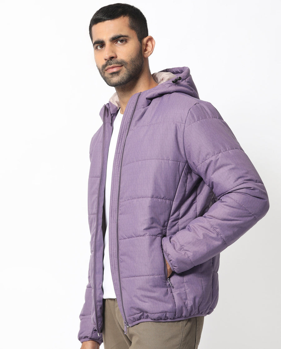 Rare Rabbit Men's Vasto Purple Polyester Monogram Print Regular Fit Full Sleeve Hooded Jacket