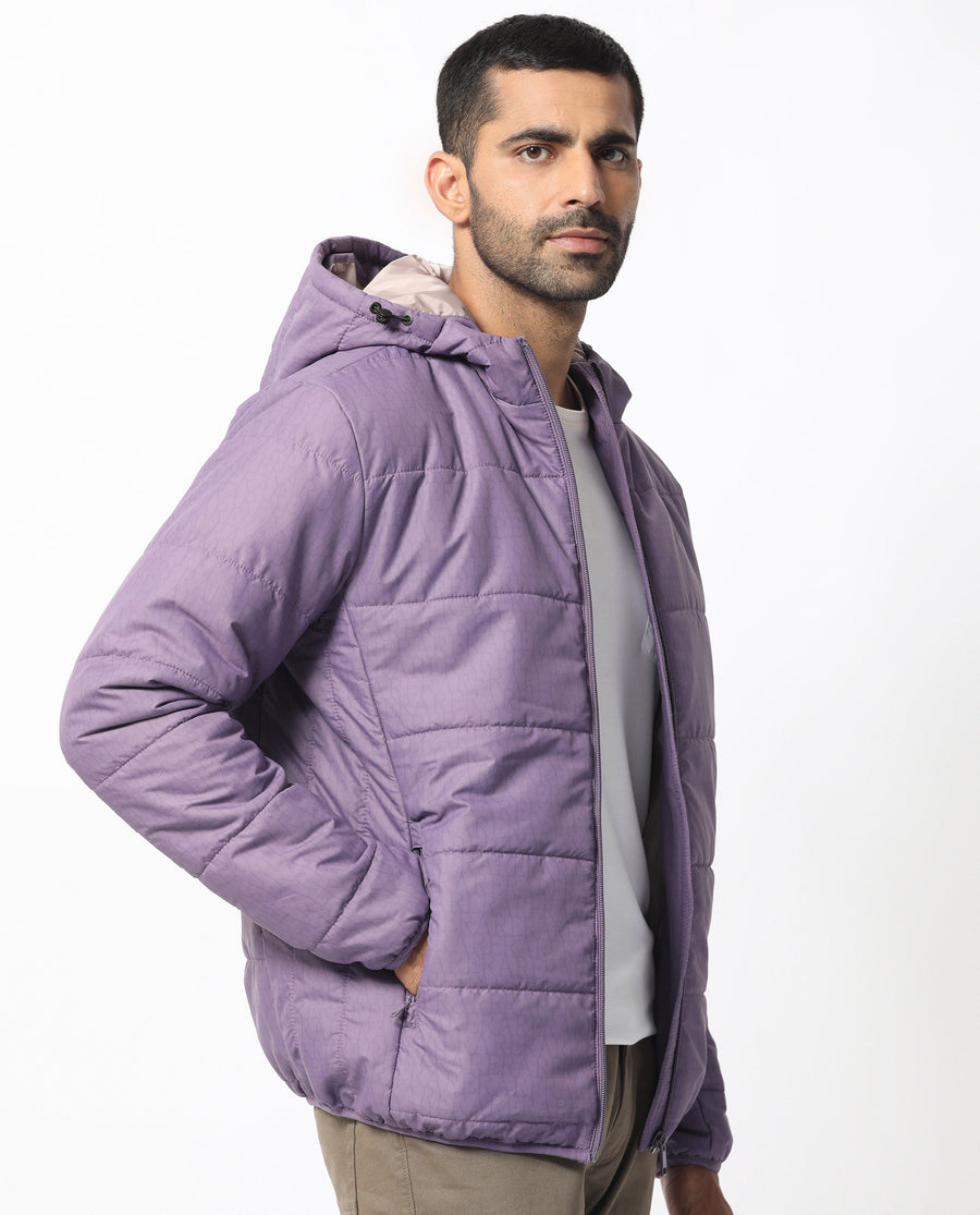Rare Rabbit Men's Vasto Purple Polyester Monogram Print Regular Fit Full Sleeve Hooded Jacket