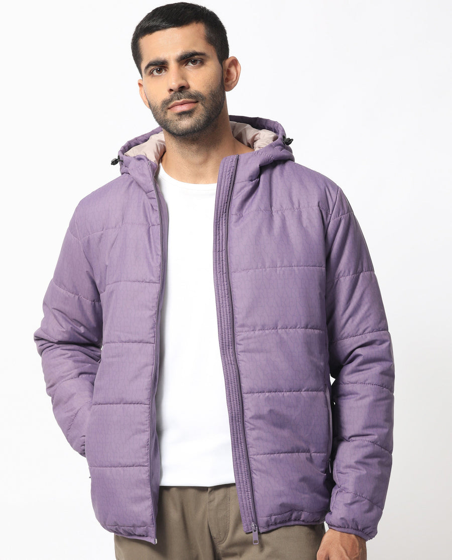 Rare Rabbit Men's Vasto Purple Polyester Monogram Print Regular Fit Full Sleeve Hooded Jacket