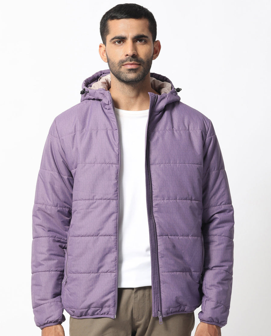 Rare Rabbit Men's Vasto Purple Polyester Monogram Print Regular Fit Full Sleeve Hooded Jacket