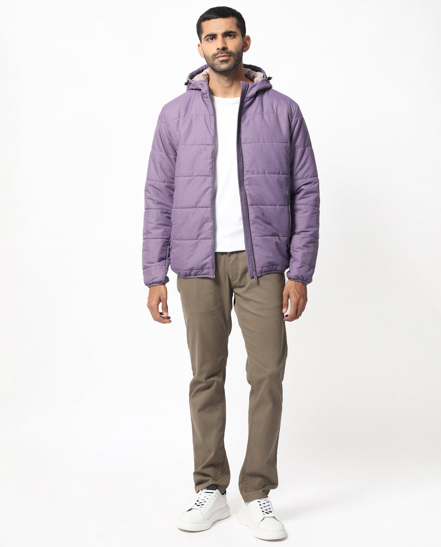 Rare Rabbit Men's Vasto Purple Polyester Monogram Print Regular Fit Full Sleeve Hooded Jacket