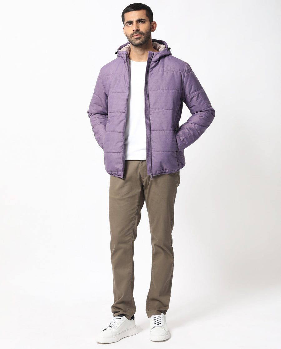 Rare Rabbit Men's Vasto Purple Polyester Monogram Print Regular Fit Full Sleeve Hooded Jacket