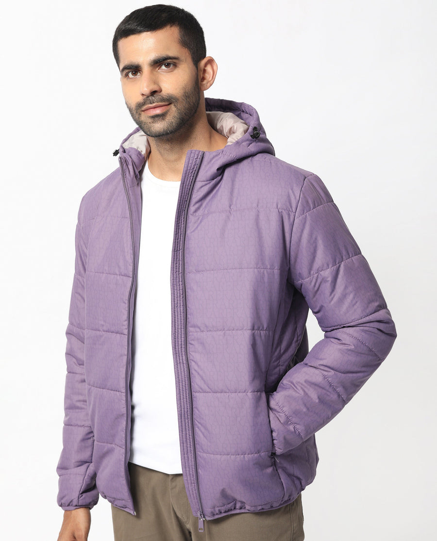 Rare Rabbit Men's Vasto Purple Polyester Monogram Print Regular Fit Full Sleeve Hooded Jacket