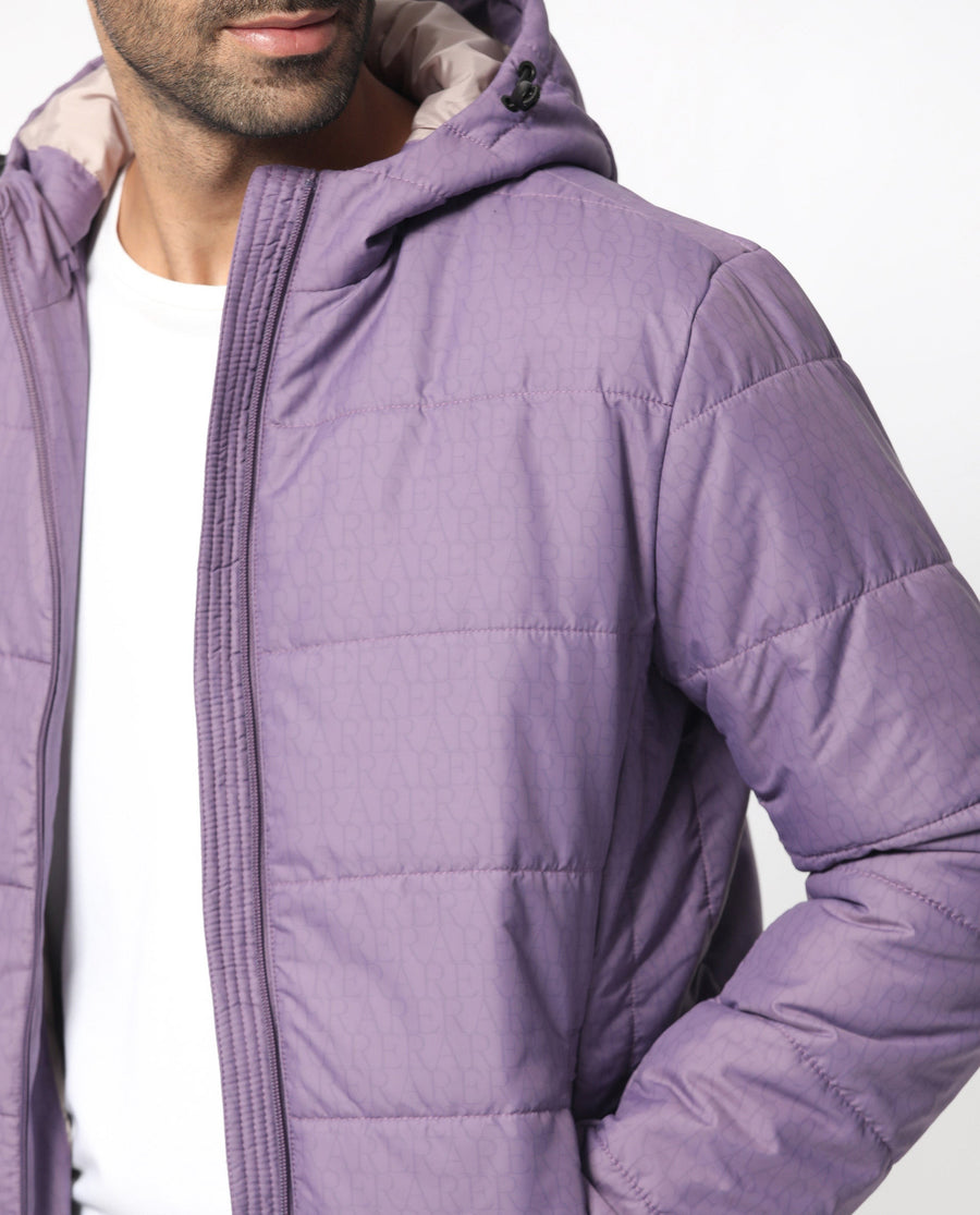 Rare Rabbit Men's Vasto Purple Polyester Monogram Print Regular Fit Full Sleeve Hooded Jacket