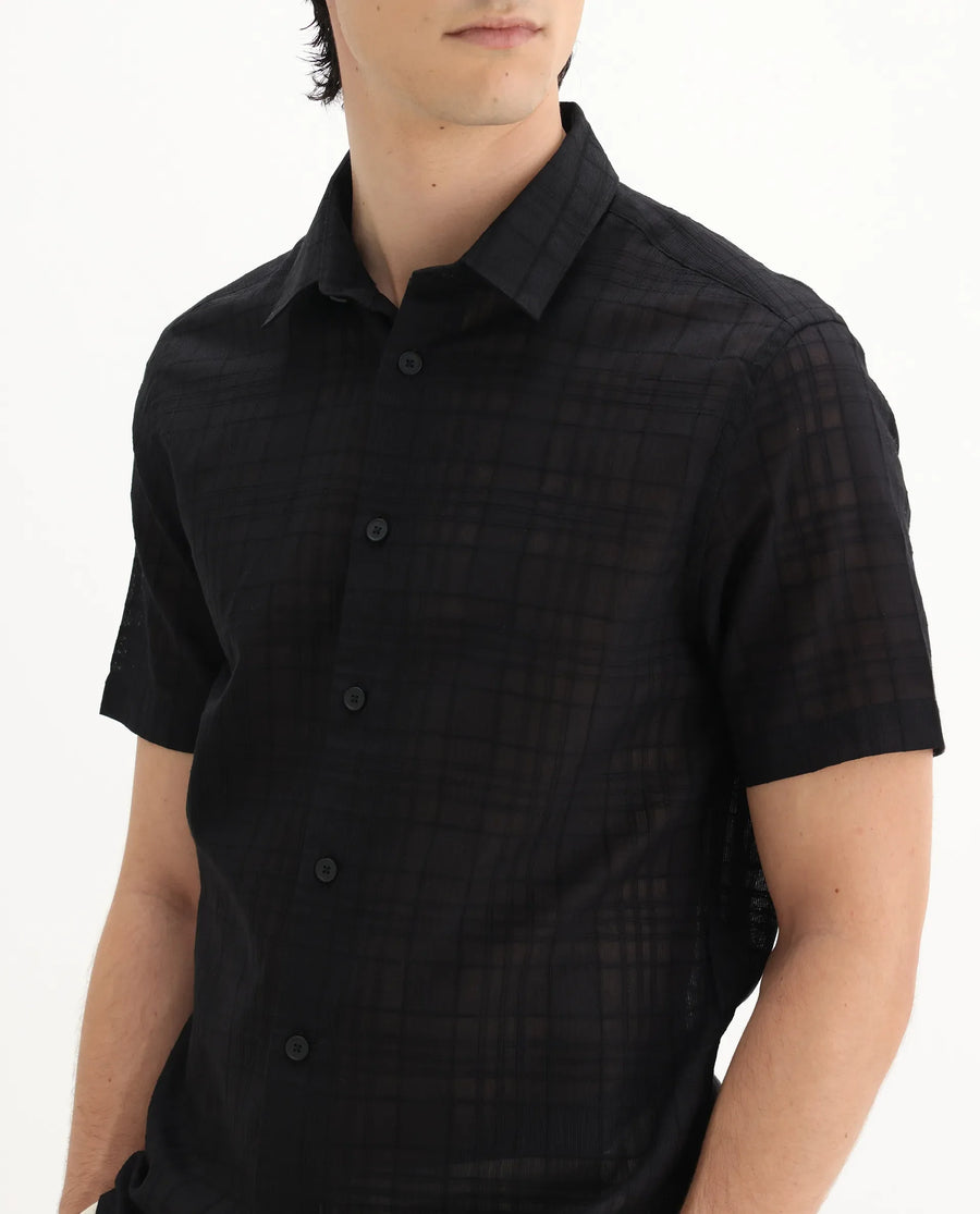 Rare Rabbit Men's Parcor Black Cotton Checked Print Regular Fit Half Sleeve Collared Shirt