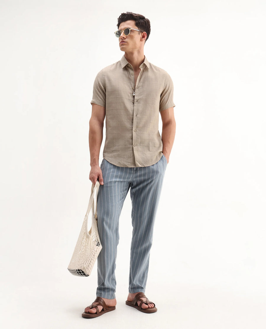 Rare Rabbit Men's Parcor Khaki Cotton Checked Print Regular Fit Half Sleeve Collared Shirt